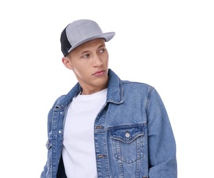 Photo of Young man wearing stylish baseball hat on white background