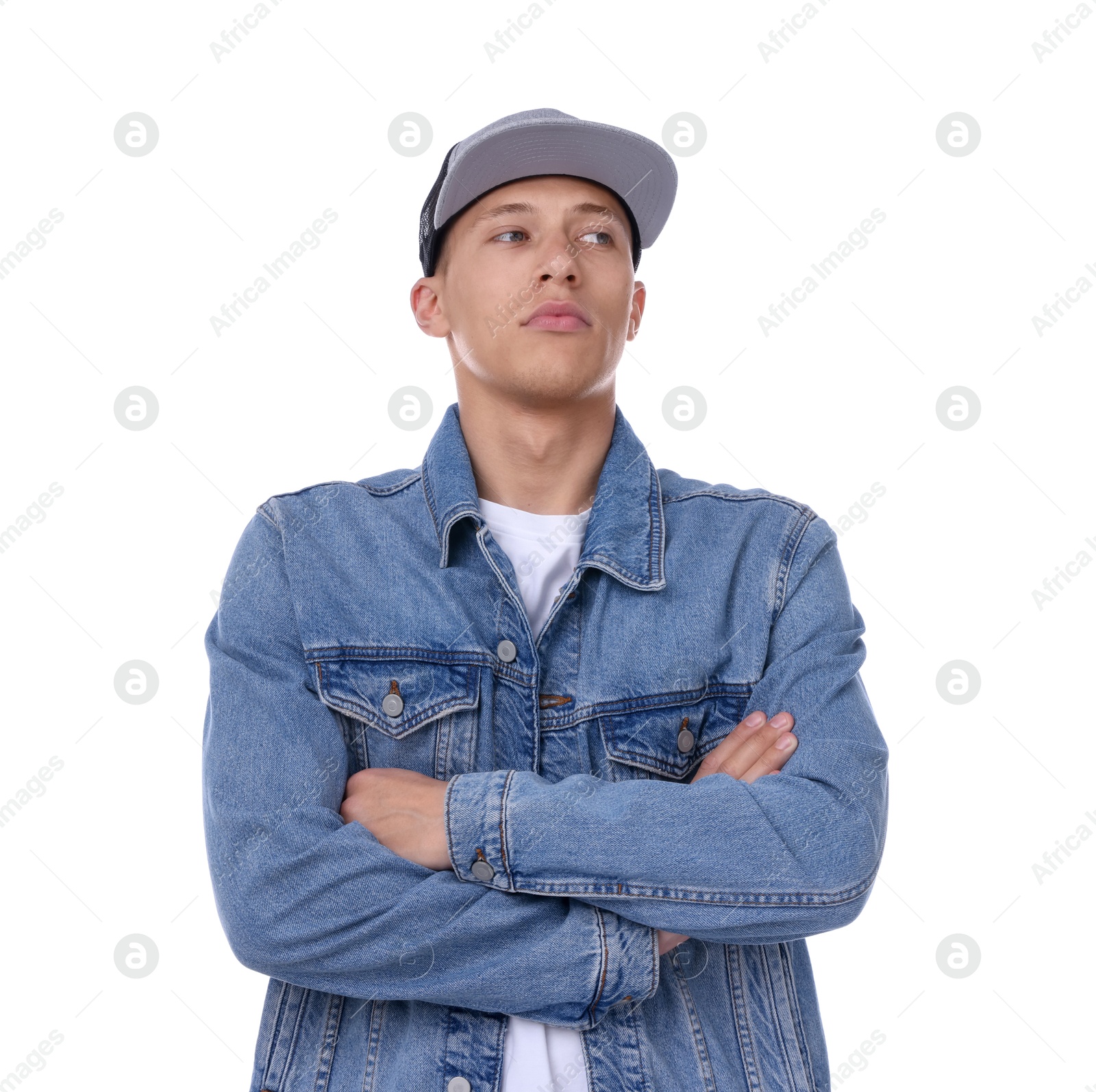 Young man wearing stylish baseball hat on white background Photo of Young man wearing stylish baseball hat on white background