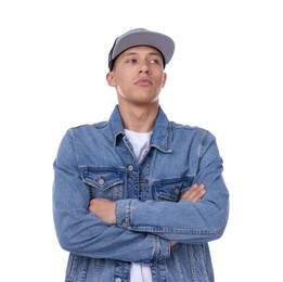 Photo of Young man wearing stylish baseball hat on white background