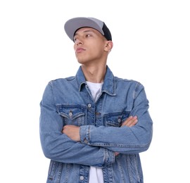 Photo of Young man wearing stylish baseball hat on white background
