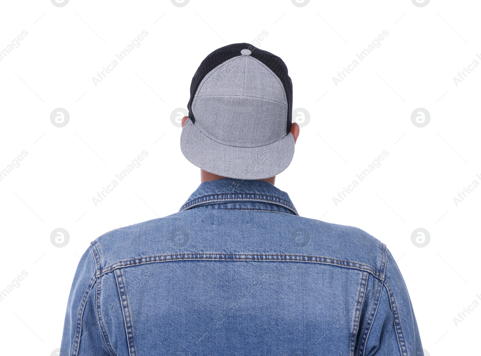 Young man wearing stylish baseball hat on white background, back view Photo of Young man wearing stylish baseball hat on white background, back view