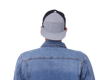 Photo of Young man wearing stylish baseball hat on white background, back view