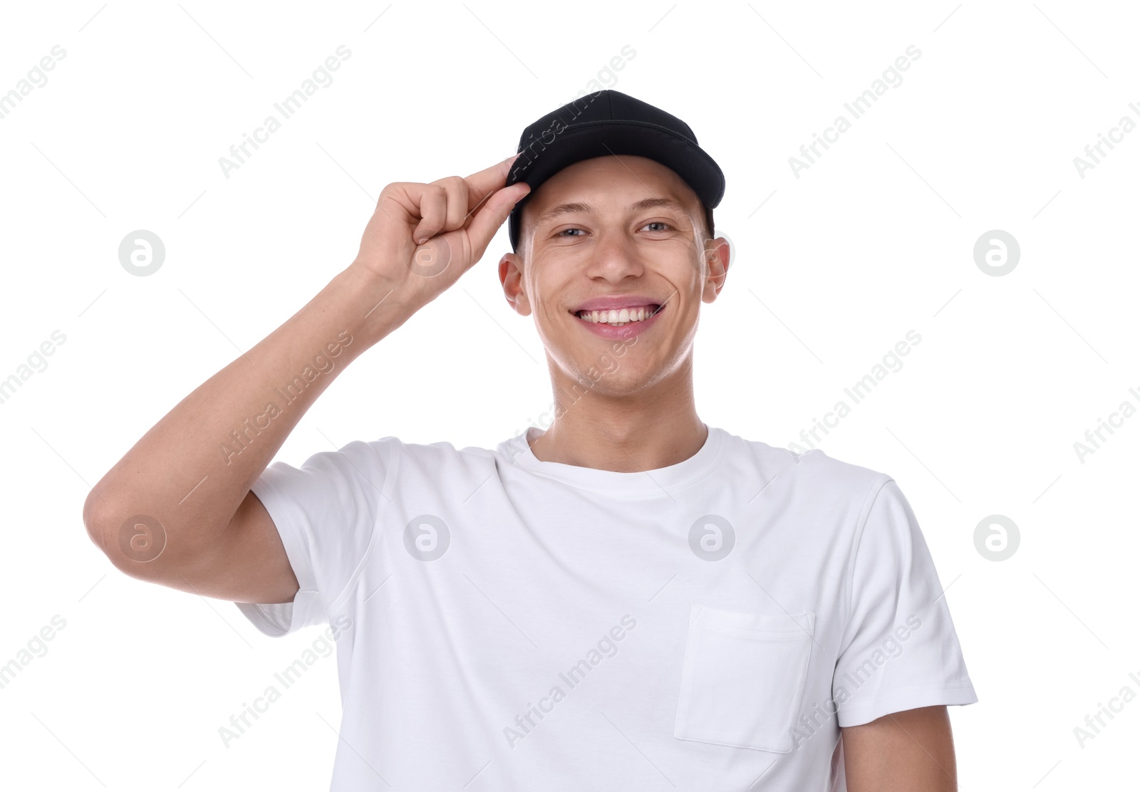 Young man wearing stylish black baseball hat on white background Photo of Young man wearing stylish black baseball hat on white background