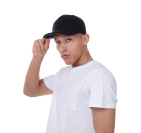 Photo of Young man wearing stylish black baseball hat on white background