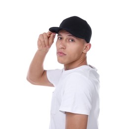 Photo of Young man wearing stylish black baseball hat on white background