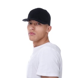 Photo of Young man wearing stylish black baseball hat on white background