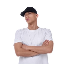 Photo of Young man wearing stylish black baseball hat on white background