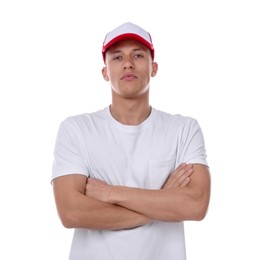 Photo of Young man wearing stylish baseball hat on white background