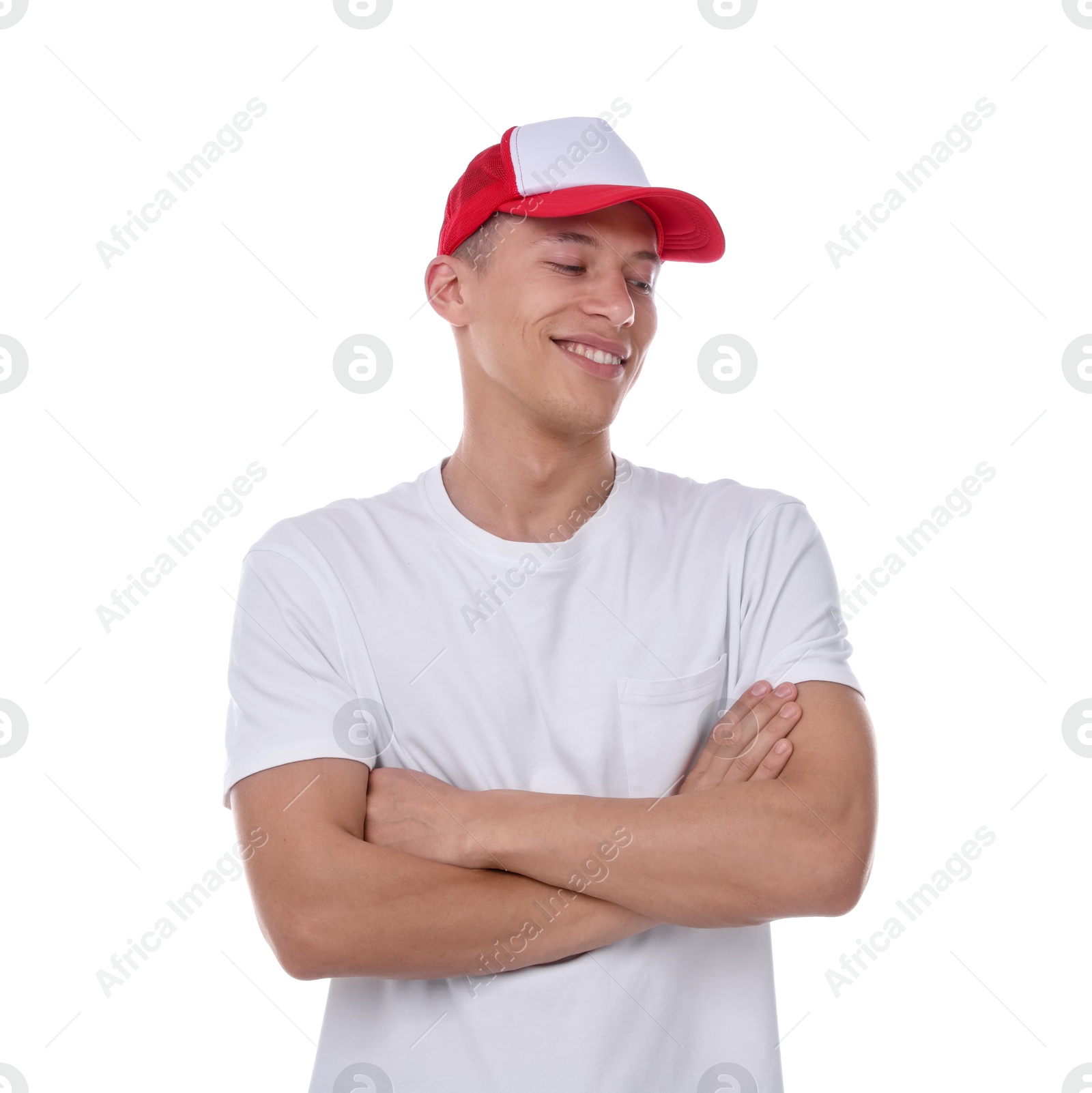 Young man wearing stylish baseball hat on white background Photo of Young man wearing stylish baseball hat on white background