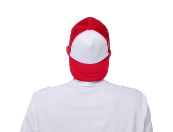Photo of Young man wearing stylish baseball hat on white background, back view