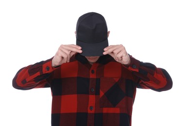 Photo of Young man wearing stylish black baseball hat on white background