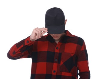 Photo of Young man wearing stylish black baseball hat on white background