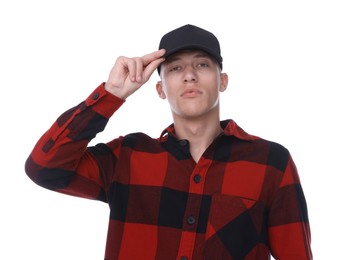 Photo of Young man wearing stylish black baseball hat on white background