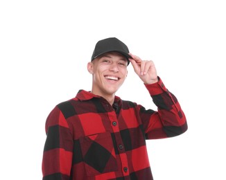 Photo of Young man wearing stylish black baseball hat on white background
