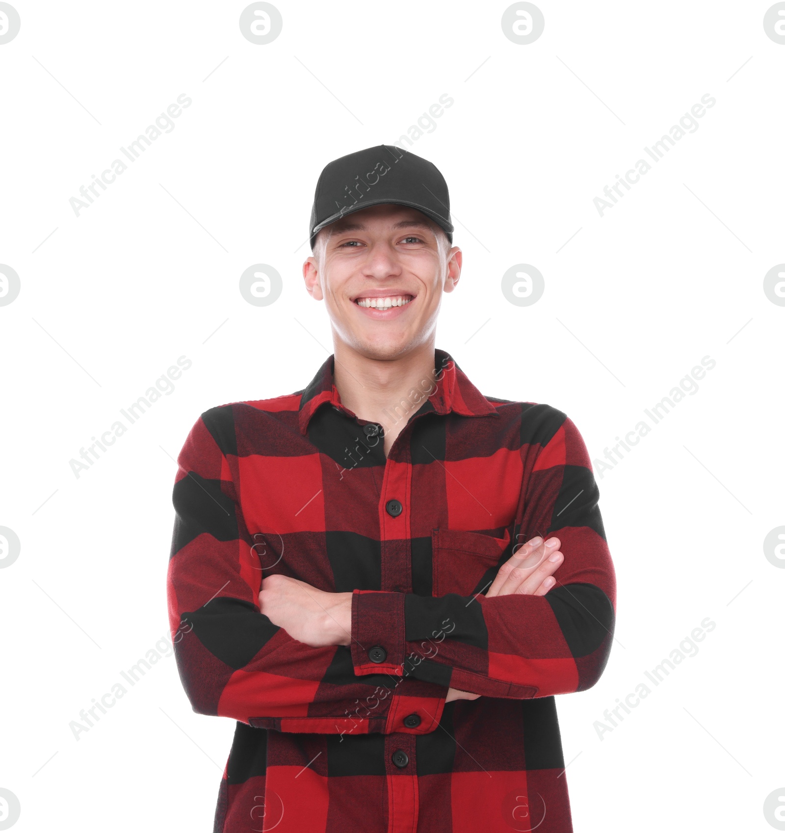 Young man wearing stylish black baseball hat on white background Photo of Young man wearing stylish black baseball hat on white background