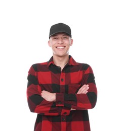 Photo of Young man wearing stylish black baseball hat on white background