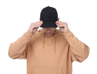 Photo of Young man wearing stylish black baseball hat on white background