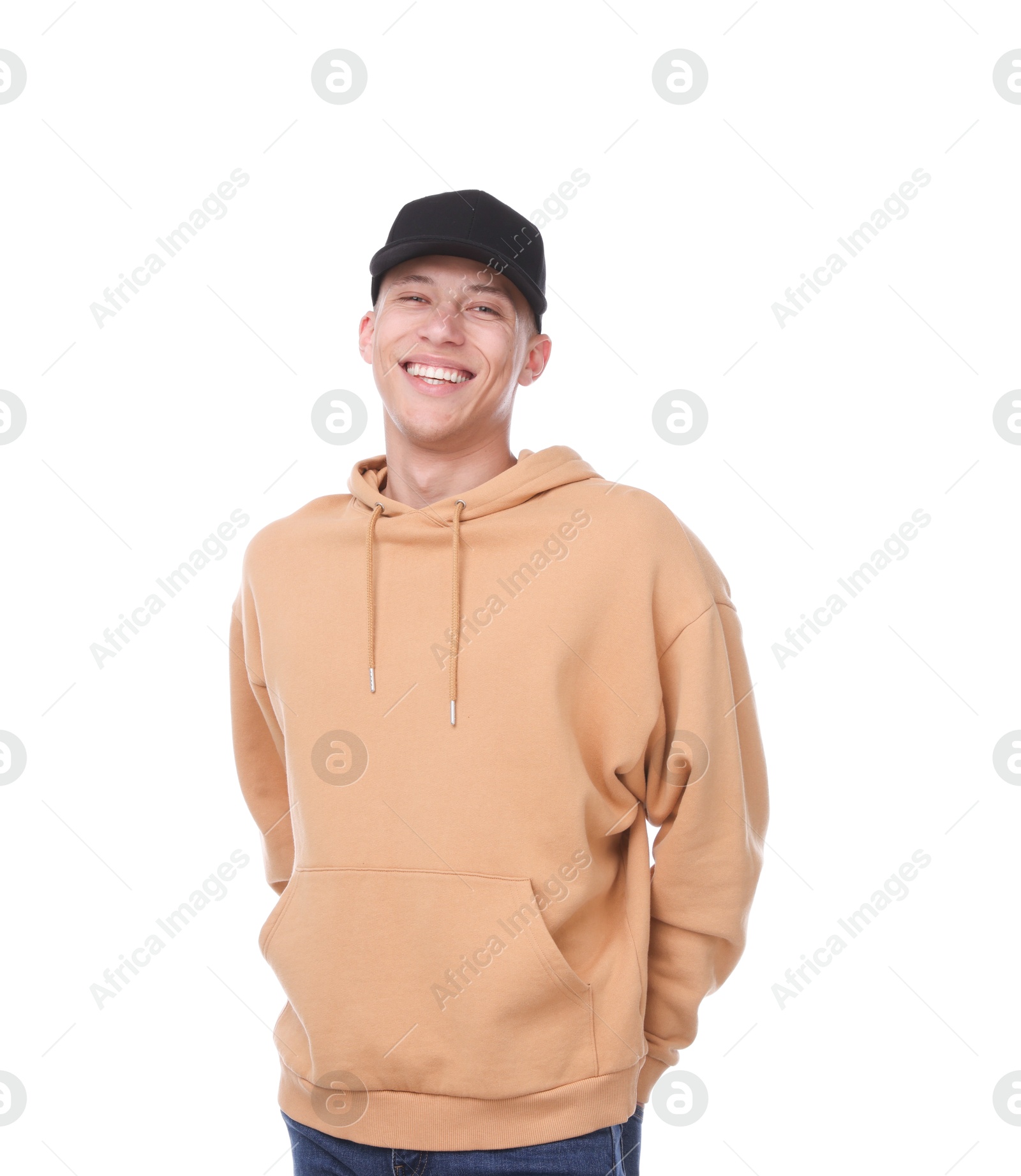 Young man wearing stylish black baseball hat on white background Photo of Young man wearing stylish black baseball hat on white background