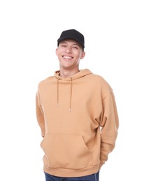 Photo of Young man wearing stylish black baseball hat on white background