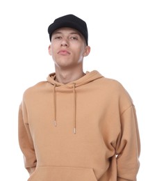 Photo of Young man wearing stylish black baseball hat on white background