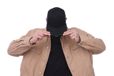 Photo of Young man wearing stylish black baseball hat on white background