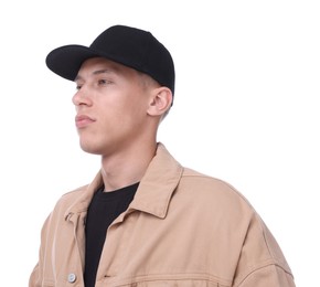 Photo of Young man wearing stylish black baseball hat on white background