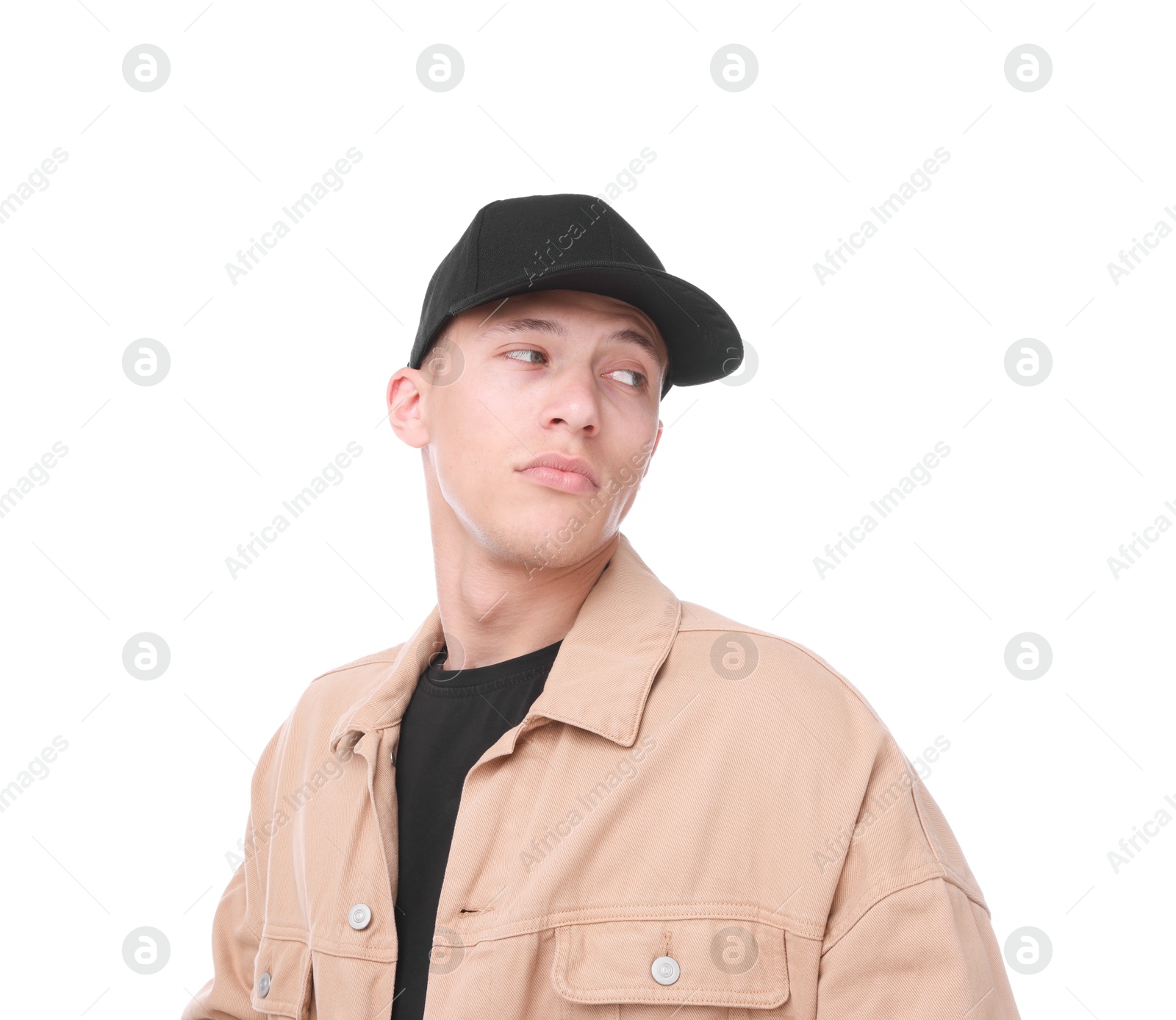 Young man wearing stylish black baseball hat on white background Photo of Young man wearing stylish black baseball hat on white background