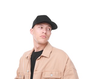 Photo of Young man wearing stylish black baseball hat on white background