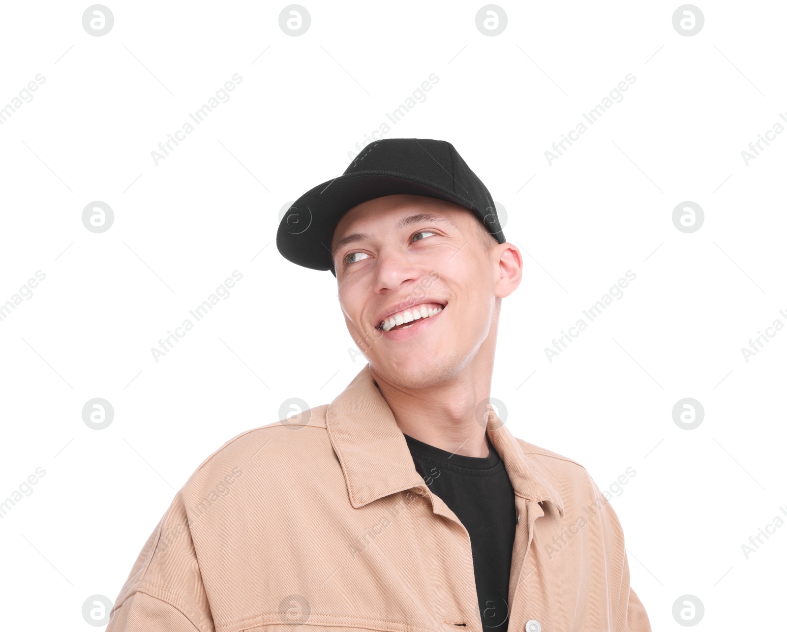 Young man wearing stylish black baseball hat on white background Photo of Young man wearing stylish black baseball hat on white background