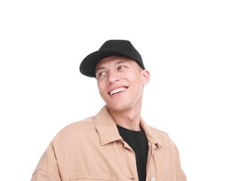 Photo of Young man wearing stylish black baseball hat on white background