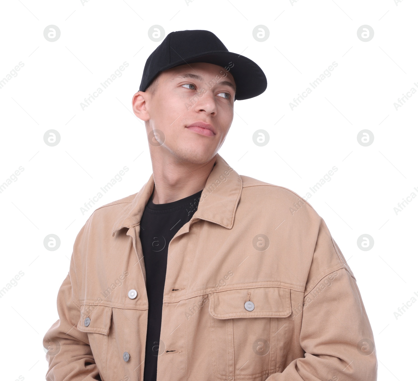 Young man wearing stylish black baseball hat on white background Photo of Young man wearing stylish black baseball hat on white background