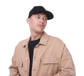 Photo of Young man wearing stylish black baseball hat on white background