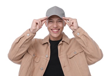 Photo of Young man wearing stylish grey baseball hat on white background