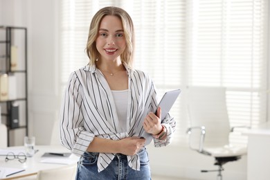 Photo of Marketing. Happy woman with laptop in office