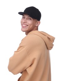 Photo of Young man wearing stylish black baseball hat on white background