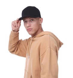 Photo of Young man wearing stylish black baseball hat on white background