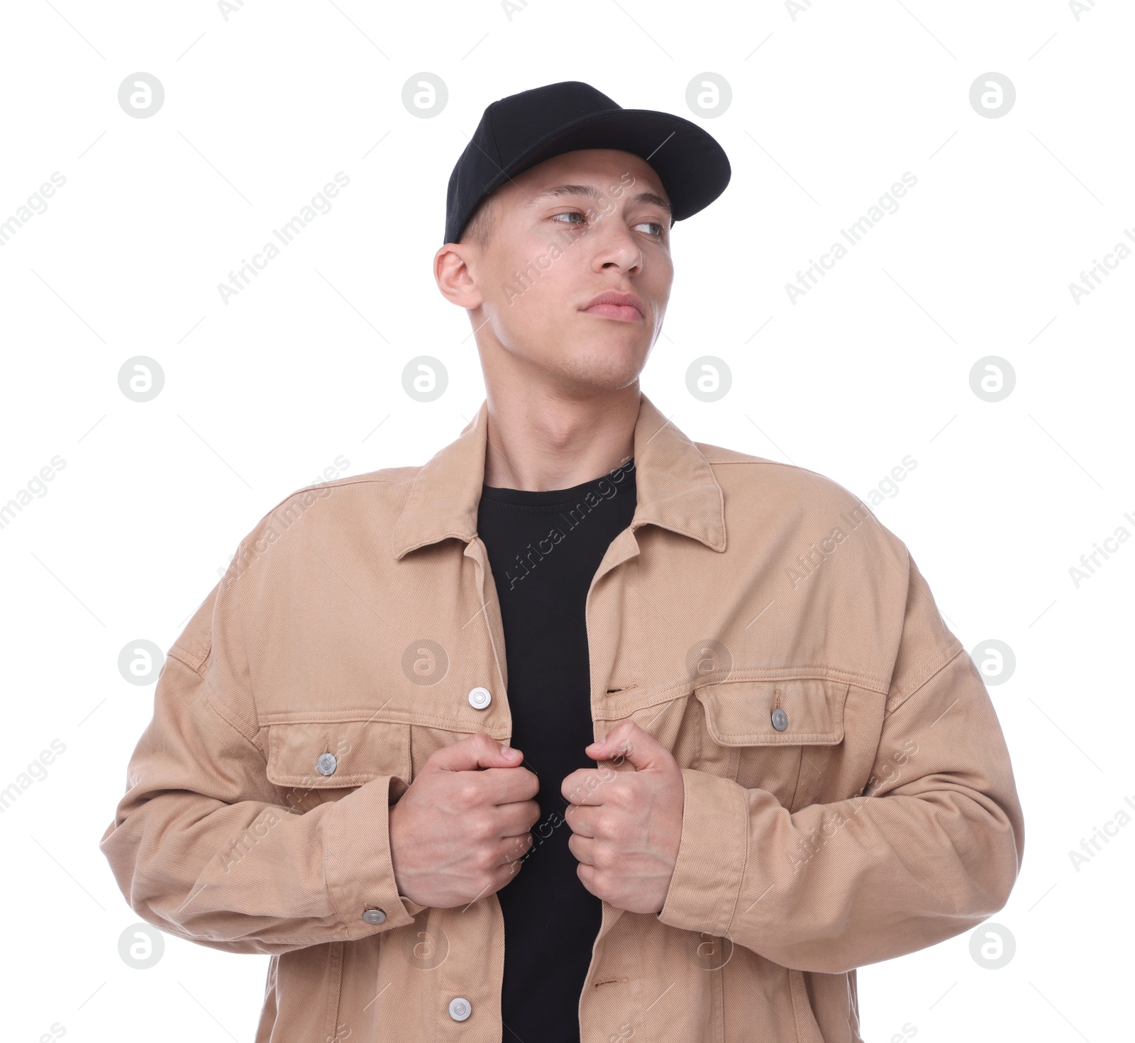 Photo of Young man wearing stylish black baseball hat on white background