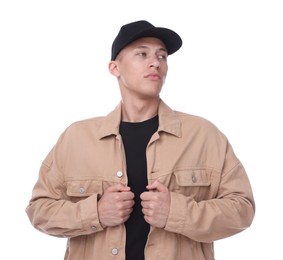 Photo of Young man wearing stylish black baseball hat on white background