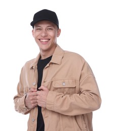 Photo of Young man wearing stylish black baseball hat on white background