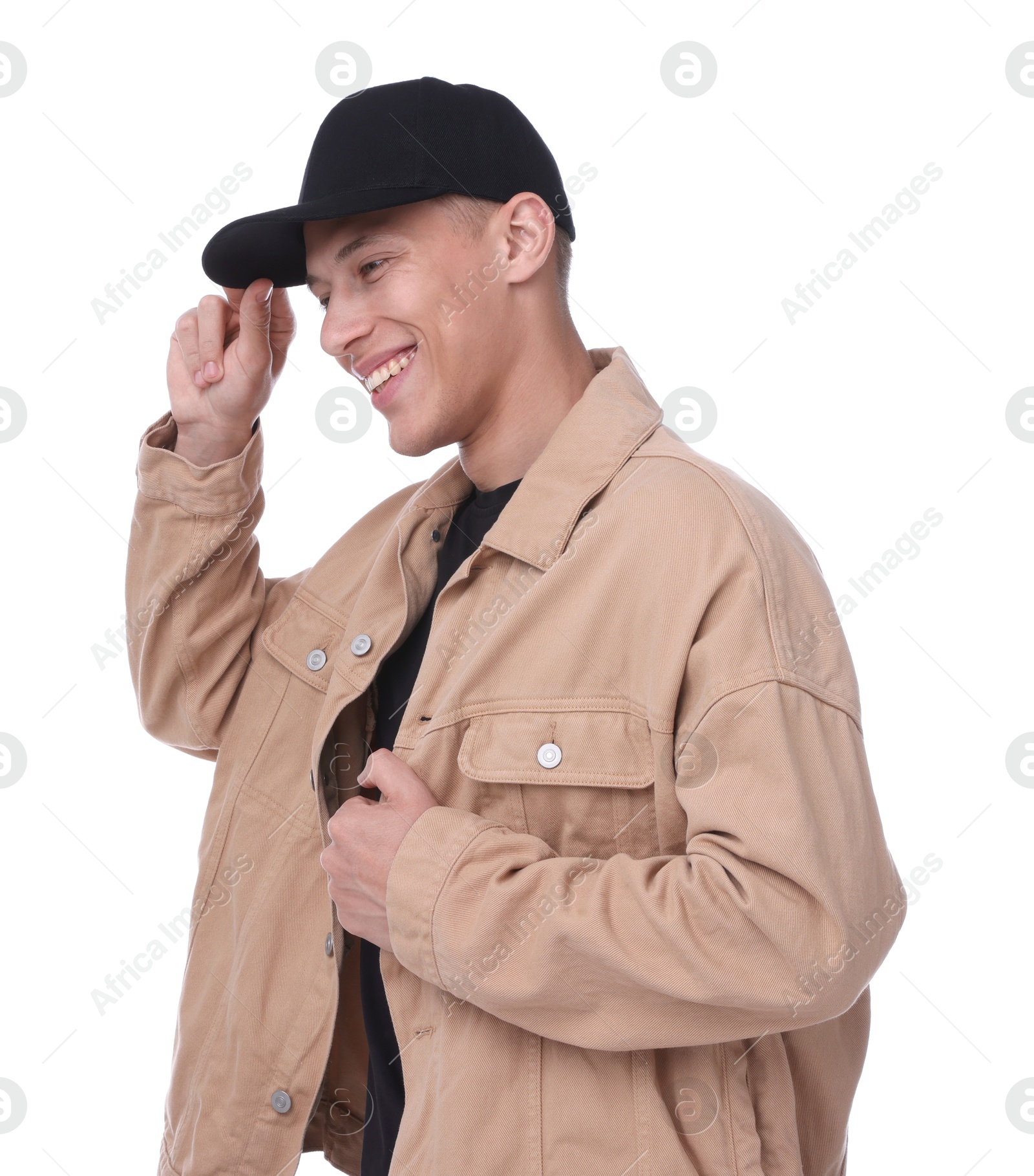 Photo of Young man wearing stylish black baseball hat on white background