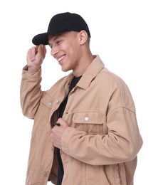 Photo of Young man wearing stylish black baseball hat on white background