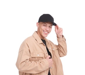 Photo of Young man wearing stylish black baseball hat on white background