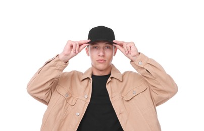 Photo of Young man wearing stylish black baseball hat on white background