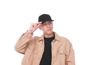 Photo of Young man wearing stylish black baseball hat on white background