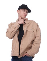 Photo of Young man wearing stylish black baseball hat on white background