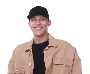 Photo of Young man wearing stylish black baseball hat on white background