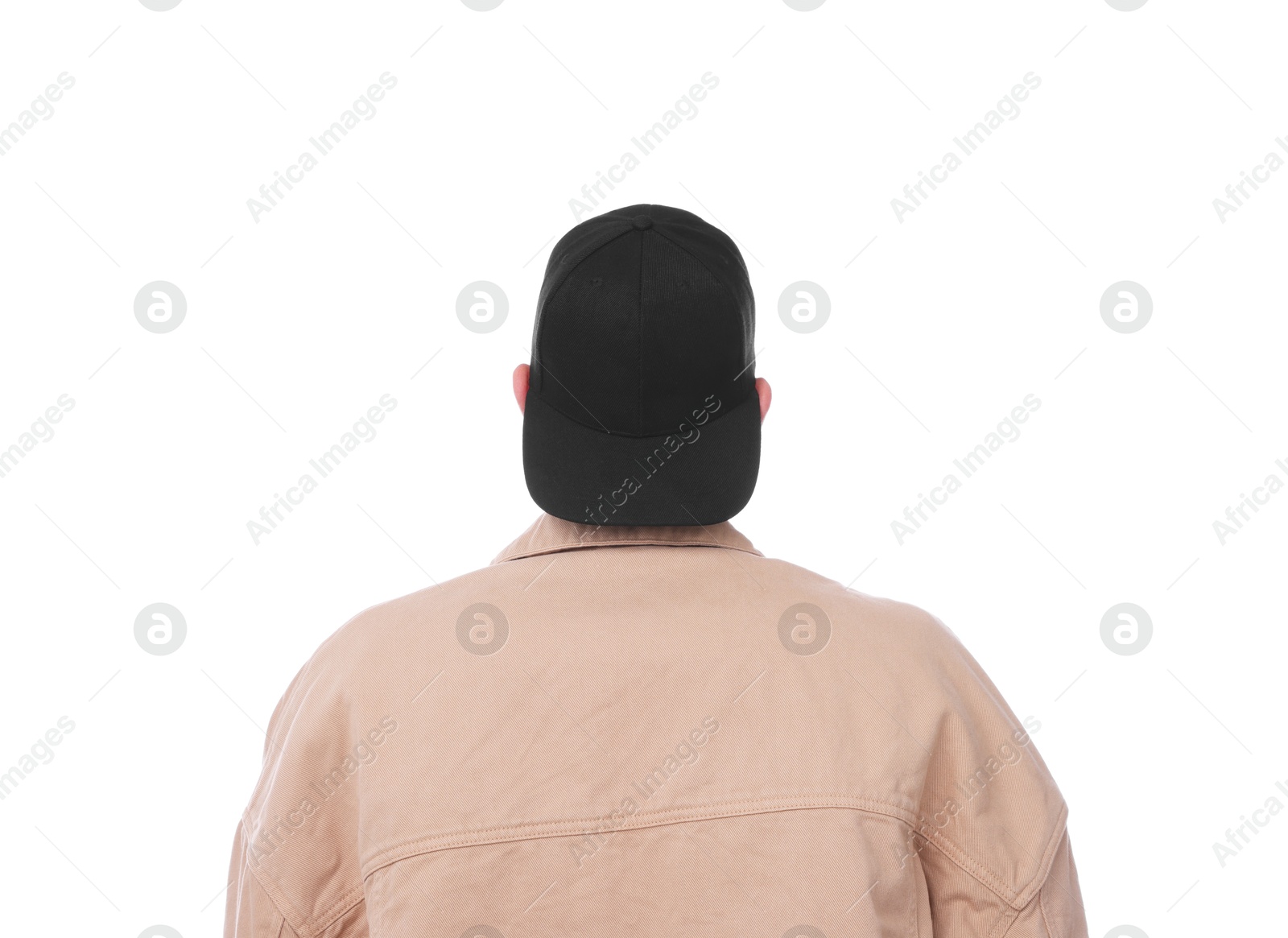 Photo of Young man wearing stylish black baseball hat on white background, back view