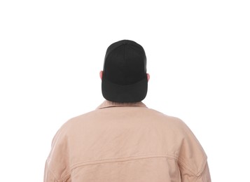 Photo of Young man wearing stylish black baseball hat on white background, back view