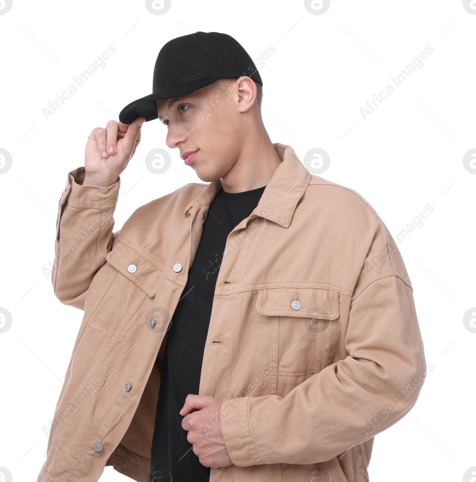 Photo of Young man wearing stylish black baseball hat on white background