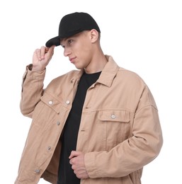 Photo of Young man wearing stylish black baseball hat on white background
